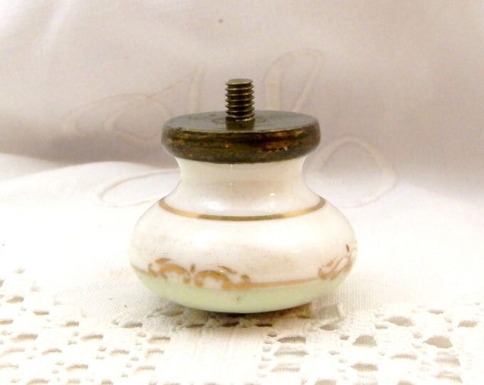 Vintage White Porcelain and Brass Hand Painted Floral Pattern with Mint Green and Gold Gilt Boarder Furniture Pull Handle / Knob