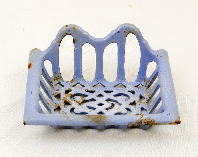 Small Antique Cast Iron Enameled Sky Blue Wall Hanging Soap Holder, French Blue Chippy Enamel Mural Soap Bar Dish, Enamelware Retro Bathroom