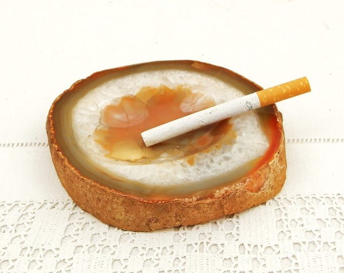 Round Vintage Carved Onyx Marble Agate Stone Nodule Slab Ashtray, Mid Century Tobacciana, Retro Man Cave Decor, Smoking Ash Tray