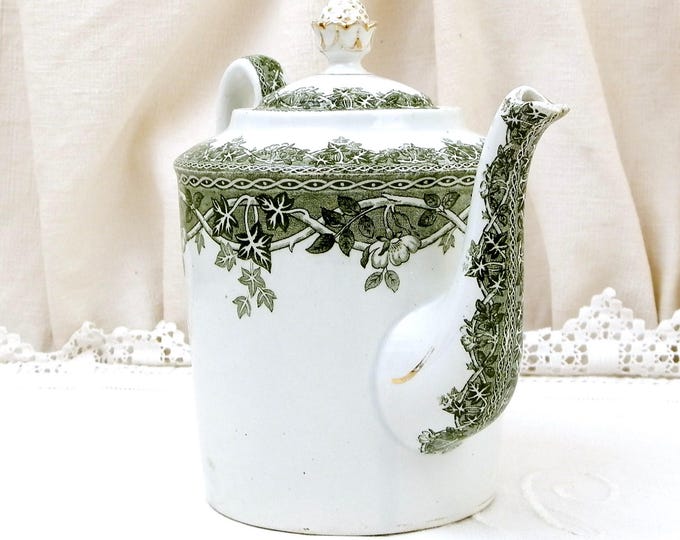 Antique French Victorian Ceramic Coffee Pot with Ivy and Wild Rose Pattern in Dark Green by Saint Amand et Hamage Estival, Pottery China Pot