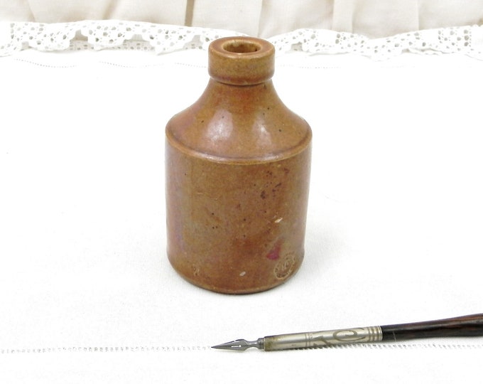 Short Antique Earth Brown Salt Glaze Stoneware Pottery Ink Bottle from France, French Rustic Primitive Country Decor Vase, Victorian School