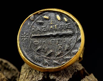 Signet Coin Ring, Handcrafted Artisan Hammered 24K Gold Vermeil 925 Solid Sterling Silver Oxidized, Ancient Roman, Byzantium, Greek Art Ring