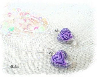 Purple clay fimo-very long BO502 heart earrings