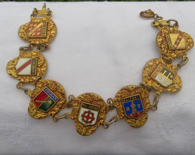 Vintage French Souvenir Bracelet, Regions of France, Heraldic Style, French Jewelry
