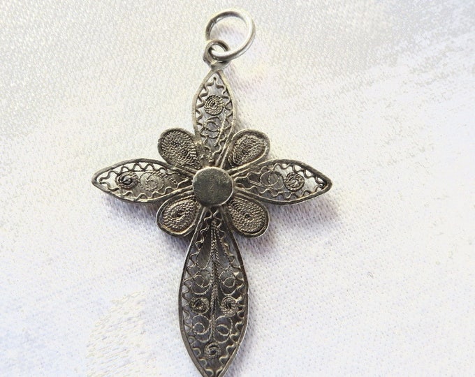 Sterling Filigree Cross Pendant, Cannetille Wire Work Cross, Vintage Sterling Cross, Religious Jewelry