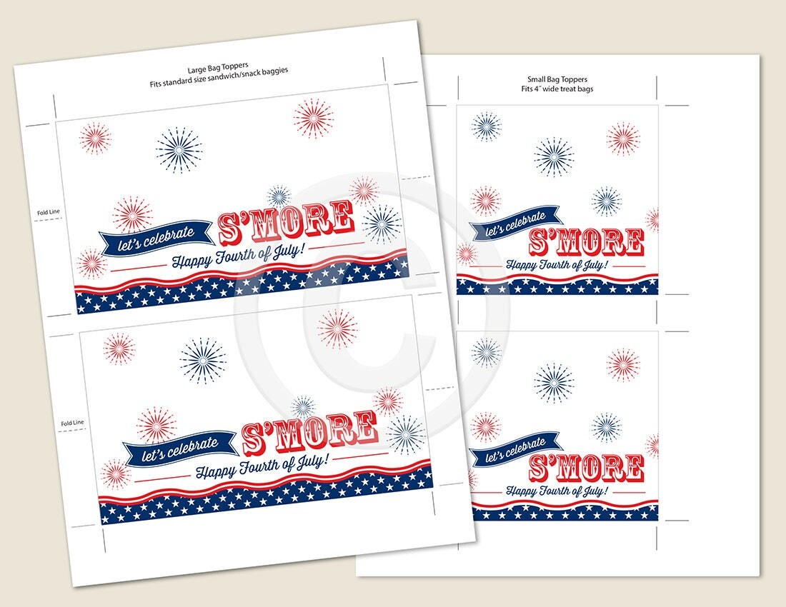 4th of July Smores Bag Toppers PRINTABLE 2 Sizes July 4th