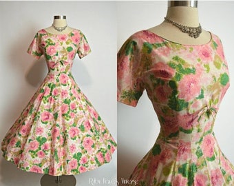 FLASH SALE 30% 7/21-7/24 L'Aiglon 1950's Vintage Cotton Watercolor Pink and Green Floral Full Skirt Dress 29" Waist Medium