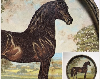 Vintage 60's Tole Tray Horse Art Tray Wall Decor Round Metal Tray Jeanne Mellin 1966 Signed Tray Horse Picture Serving Tray
