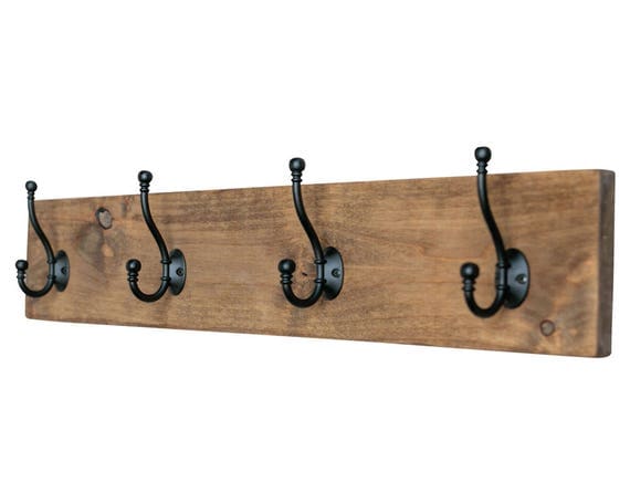 Coat Hook Board with 4 Double Hooks: Walnut Stained Board