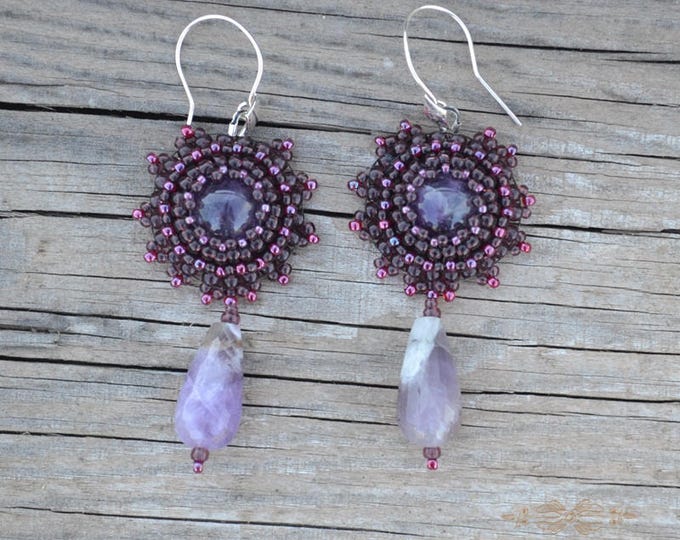 Amethyst Raw Purple Earrings Stone long earrings Hanging Seed beads earrings Gift for her February Stone Womens Girls gift