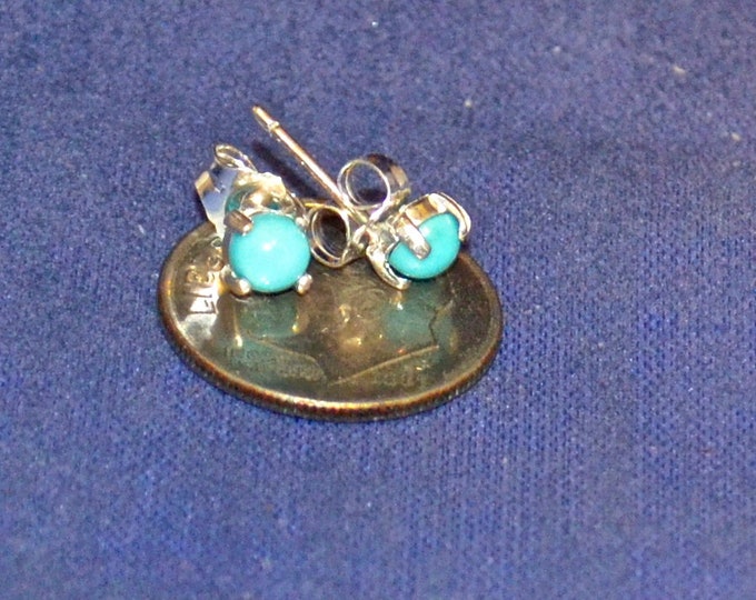 Turquoise Studs, 4mm Round Cabochon, Natural, Set in Sterling SilverE1133