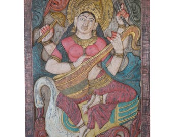 Antique Vintage Hand Carved Saraswati Hindu goddess of knowledge, music, arts, wisdom, learning Zen decor FREE SHIP Early Black Friday