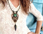 Malachite macrame necklace, cruelty free feather, brass beads, urban style, Khaleesi, Game of Thrones