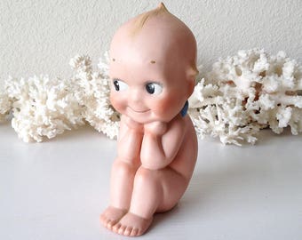 Antique thinker kewpie doll Rose Oneill vintage orcelain bisque naked baby figurine thinking blue wing angel statue