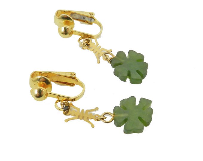 Vintage JADE Four Leaf Clover Clip Earrings, St Patricks Earrings, Lucky, Asian Motif, Chinese New Year, Costume Jewelry, Dangle Drop