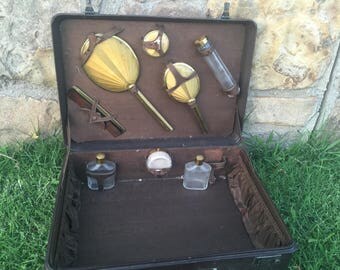 8 pc. Vintage Art Deco vanity set In Overnight Case - 30's or 40's
