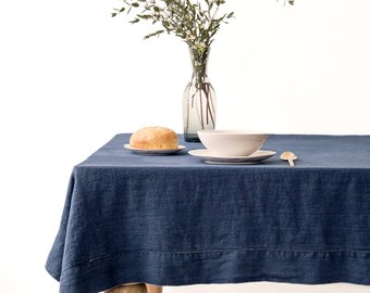 SALE! Navy Linen Tablecloth with Hemstitch