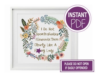 Subversive Cross Stitch Pattern, Cross Stitch Chart , Subversive Sweary Modern Floral Wreath Cross Stitch Chart by Peppermint Purple