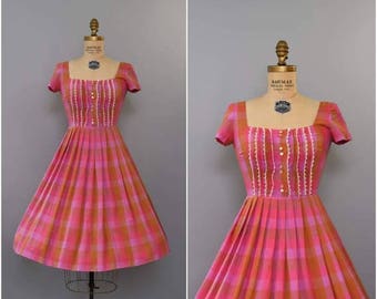 SUMMER SALE 1950's orange pink plaid shirtdress • small