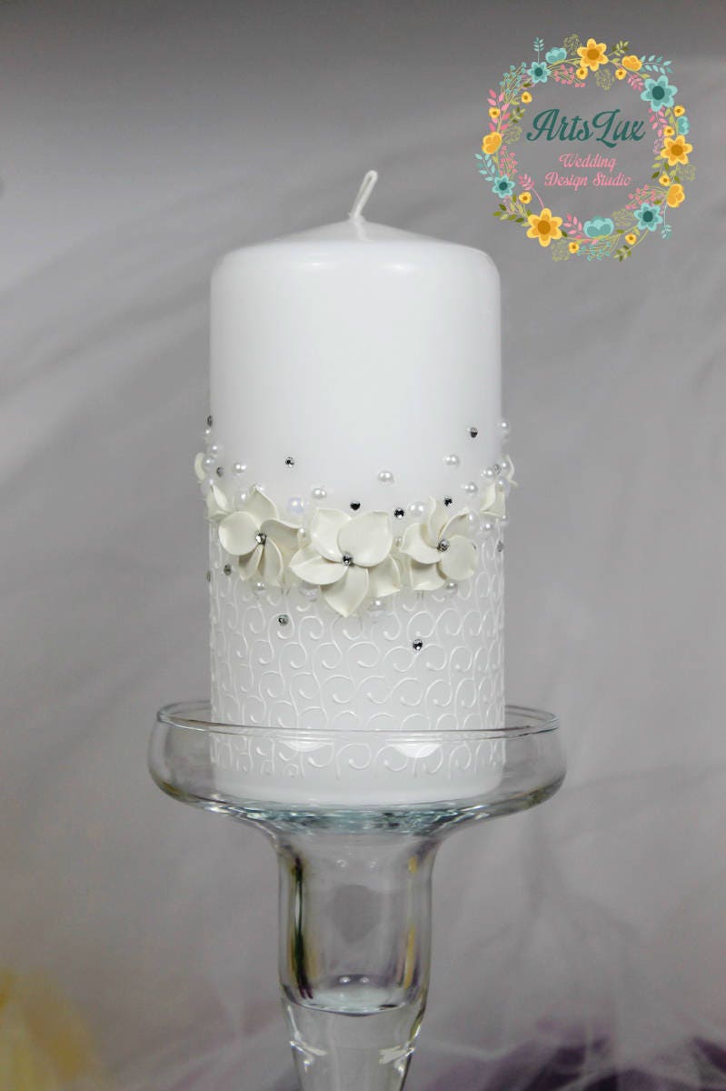 Wedding Pillar Candle with beautiful white flowers