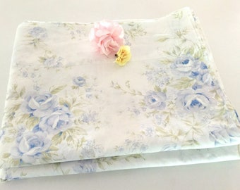 Vintage Shabby Chic Twin Flat Sheet, Country Flowers Bedding, White, Blue Flowers, 65 x 86