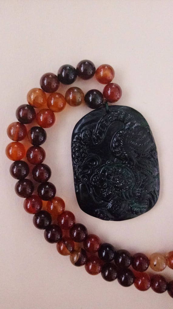 Chinese Jade Tiger Pendant Necklace with Carnelian Beads