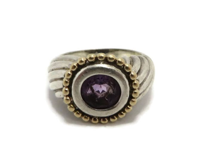 Amethyst Two Tone Ring, Vintage Sterling Silver Gold Plated Ring, Chunky Ribbed Ring, Size 7
