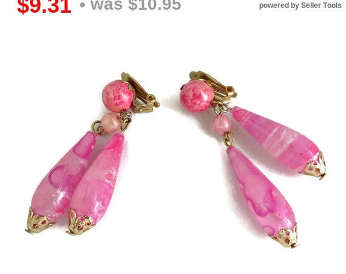 Pink Hong Kong Dangling Earrings, Vintage Teardrop Clip-ons Costume Jewelry Gift Idea