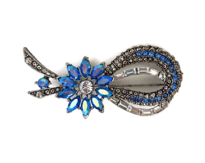 Blue Rhinestone Brooch, Bow Brooch, Signed Weiss AB Rhinestone Pin, Vintage Jewelry, Sapphire Blue Crystal Pin, Gift for Her