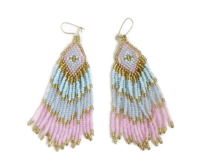 Vintage Seed Bead Earrings, Pink, Blue, Gold Dangling Pierced Earrings, Tribal Jewelry
