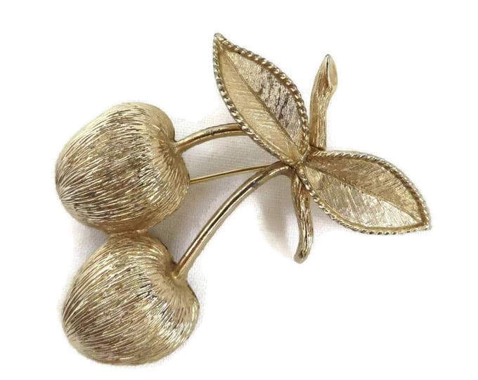 Sarah Coventry Cherries Brooch, Vintage Gold Tone Fruit Pin, 1960s Jewelry