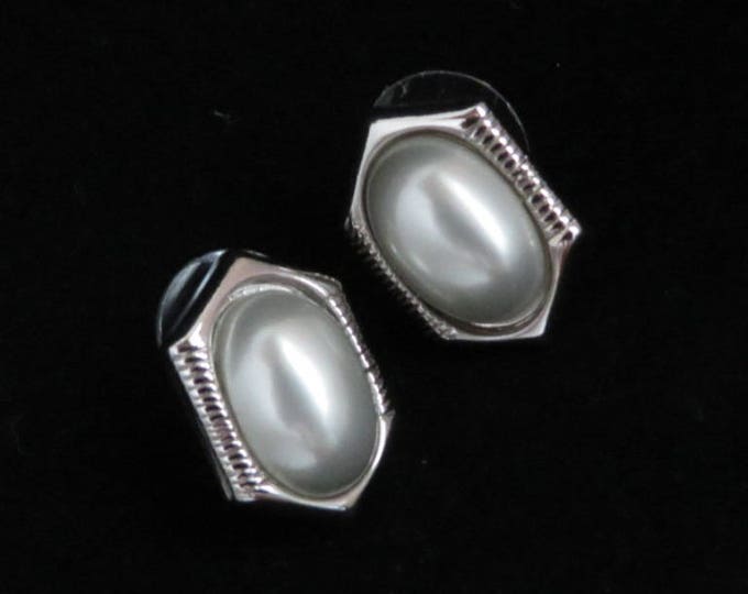 Trifari Faux Pearl Earrings, Vintage Silver Tone Pierced Stud Earrings, Signed Designer Jewelry