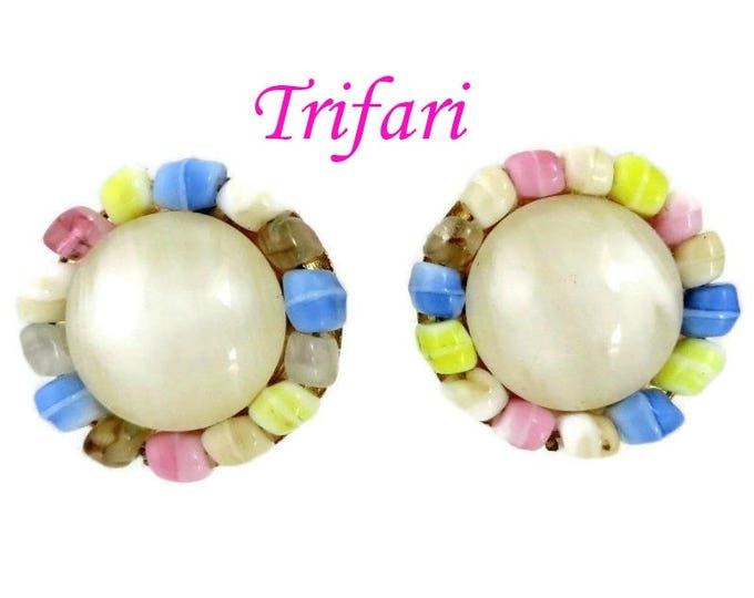 Trifari Glass Button Earrings, Vintage Pastel Earrings, Signed Designer Clip-on Earrings