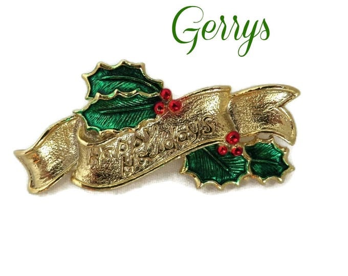 Vintage Brooch -Gerrys Happy Holidays Brooch, Gold Tone Holly Berry Bar Brooch