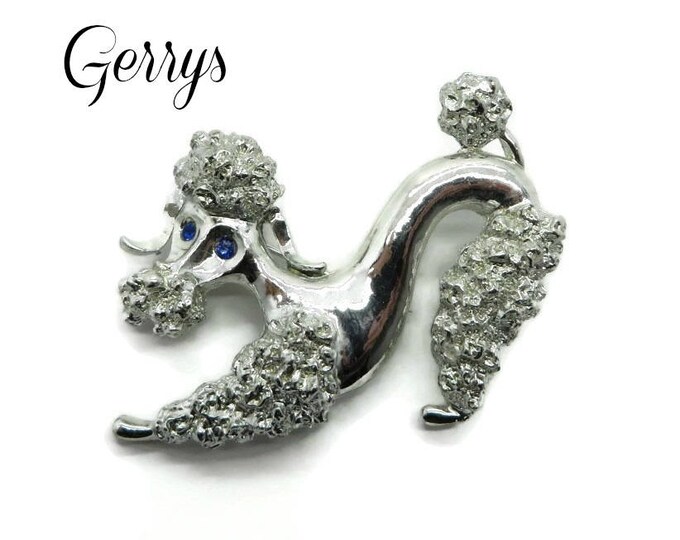 Gerry's French Poodle Brooch, Vintage Silver Tone Poodle Pin, Blue Rhinestone Eyes Signed Gerry's Pin, Gift for Her