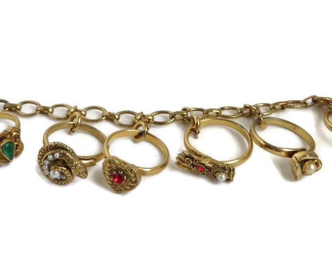 Vintage Charm Bracelet - Gold Tone Ring Charms Link Bracelet, Gift for Her
