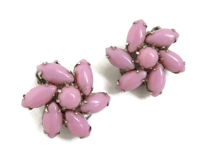 Weiss Pink Glass Earrings - Vintage Pinwheel Flower Silver Tone Clip-on Designer Signed Earrings
