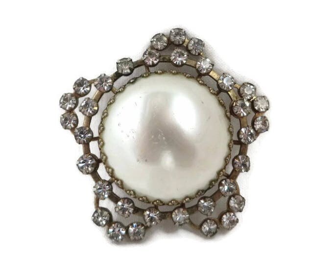 Vintage Faux Pearl Silver Tone Rhinestone Brooch