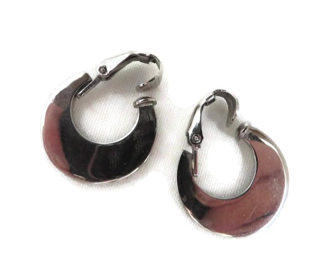 Silver Tone Hoop Earrings, Vintage Mirror Shine Dangles, Signed H.J.G. Clip-on Earrings