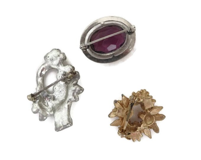 Vintage Rhinestone Brooch Trio, Silver Tone, Gold Tone Hat, Jacket, Coat Pins