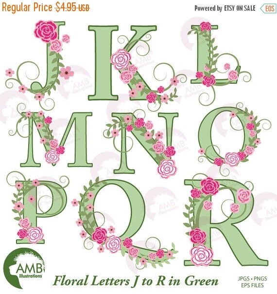 Floral Alphabet clipart Wedding Floral Letters in Green