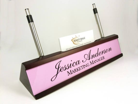 Personalized Desk Name plate, nameplate, business card and pen holder mahogany color desk wedge