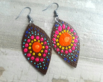 Upcycled Leather Earrings Hand Painted Earrings Boho Earring Leather Jewelry Zen Earrings, Mandala Earrings Tribal Earrings Ethnic Jewelry