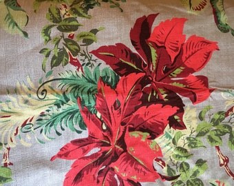 Vintage Bark Cloth,red floral,grey and Green , Standish Fabric