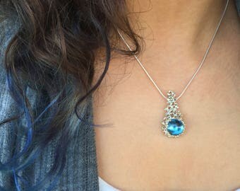 CORAL London Blue Topaz Pendant Necklace, Large Blue Topaz Necklace, Unique Silver Pendant, Statement Necklace Blue Topaz Silver