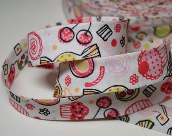 Sewing bias folded 2cm childish pattern cotton pink background white (m) ref: BIAI0