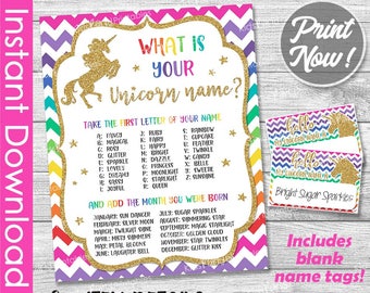 Unicorn Name Game Sign, Rainbow Unicorn Party INSTANT DOWNLOAD PRINTABLES include Name Label Tags Birthday Party Decorations Unicorn Glitter