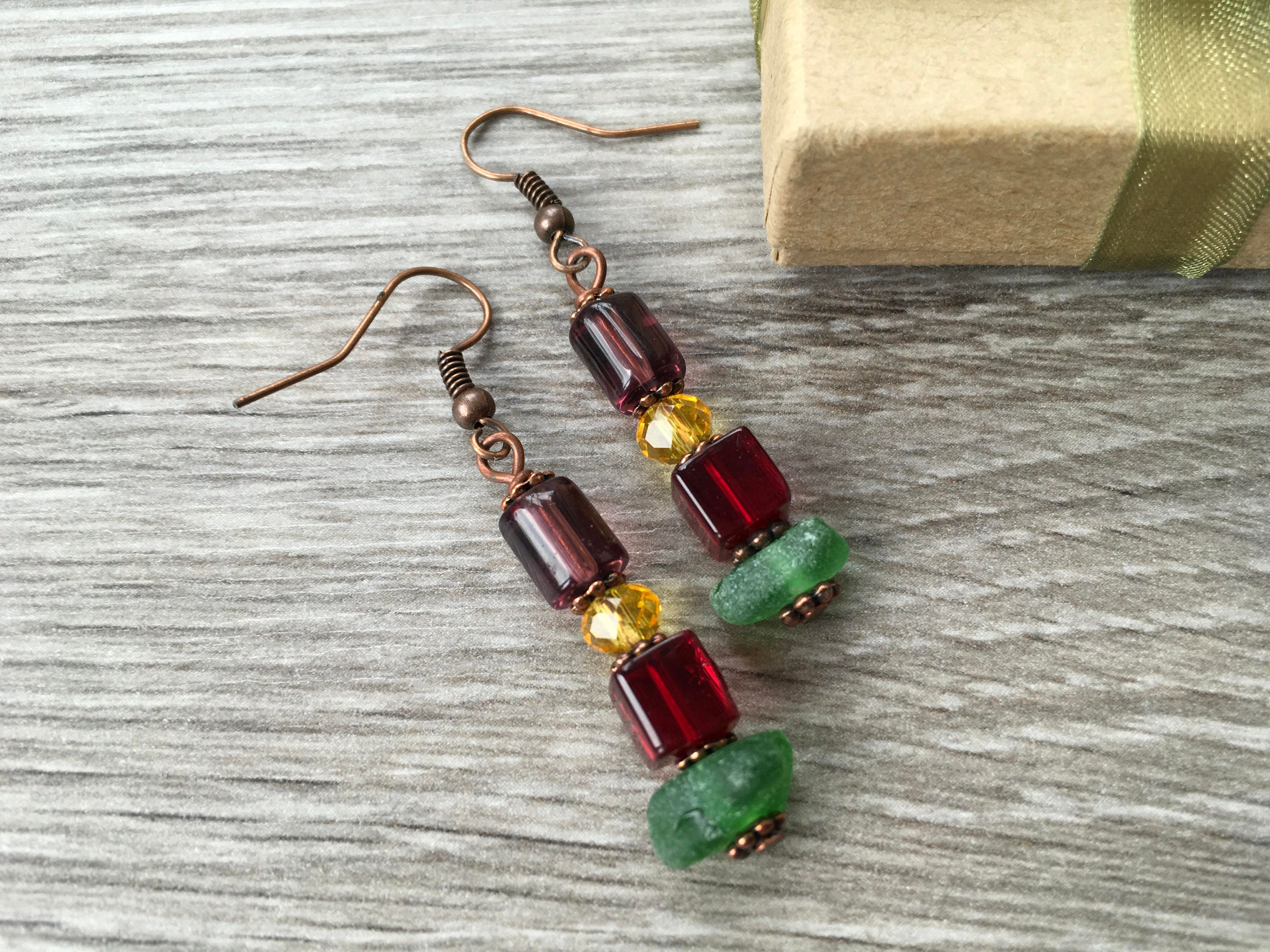Sea glass and bead earrings, rustic unusual earrings, colourful hippie