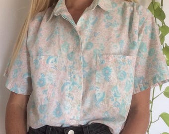 Vintage 80s cotton candy floral collared button up shirt