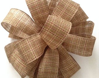 Christmas Tree Topper / Christmas Burlap Bow / Xmas Fluffy Round Bow / Xmas Plaid Burlap Decorative Bow / Burlap and Burgundy Plaid Bow